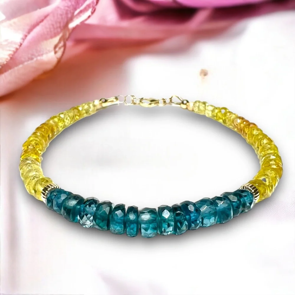 Solid 14K Gold 585 Natural London Blue Topaz and Yellow Sapphire Bracelet - Picture 6 of 9